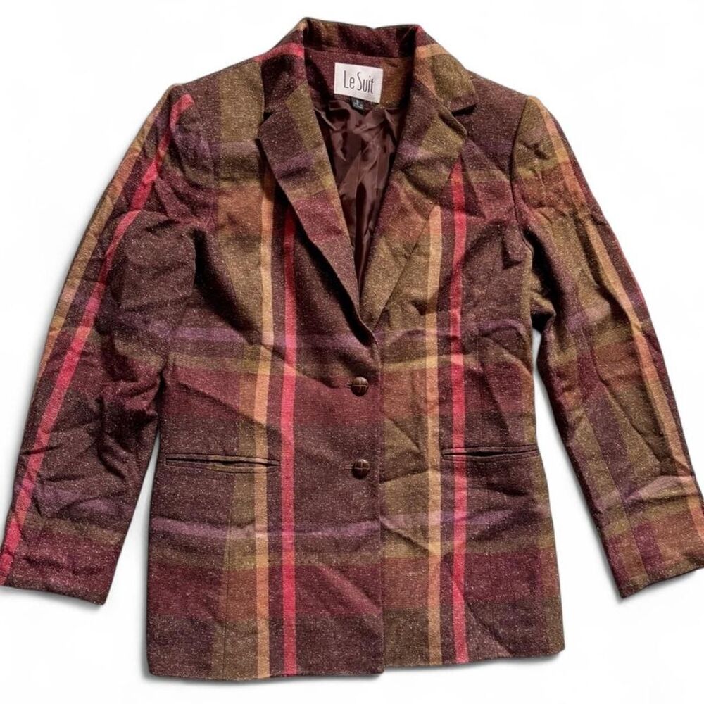 Vintage Le Suit Brown Plaid Cottagecore Cotton Blend Blazer